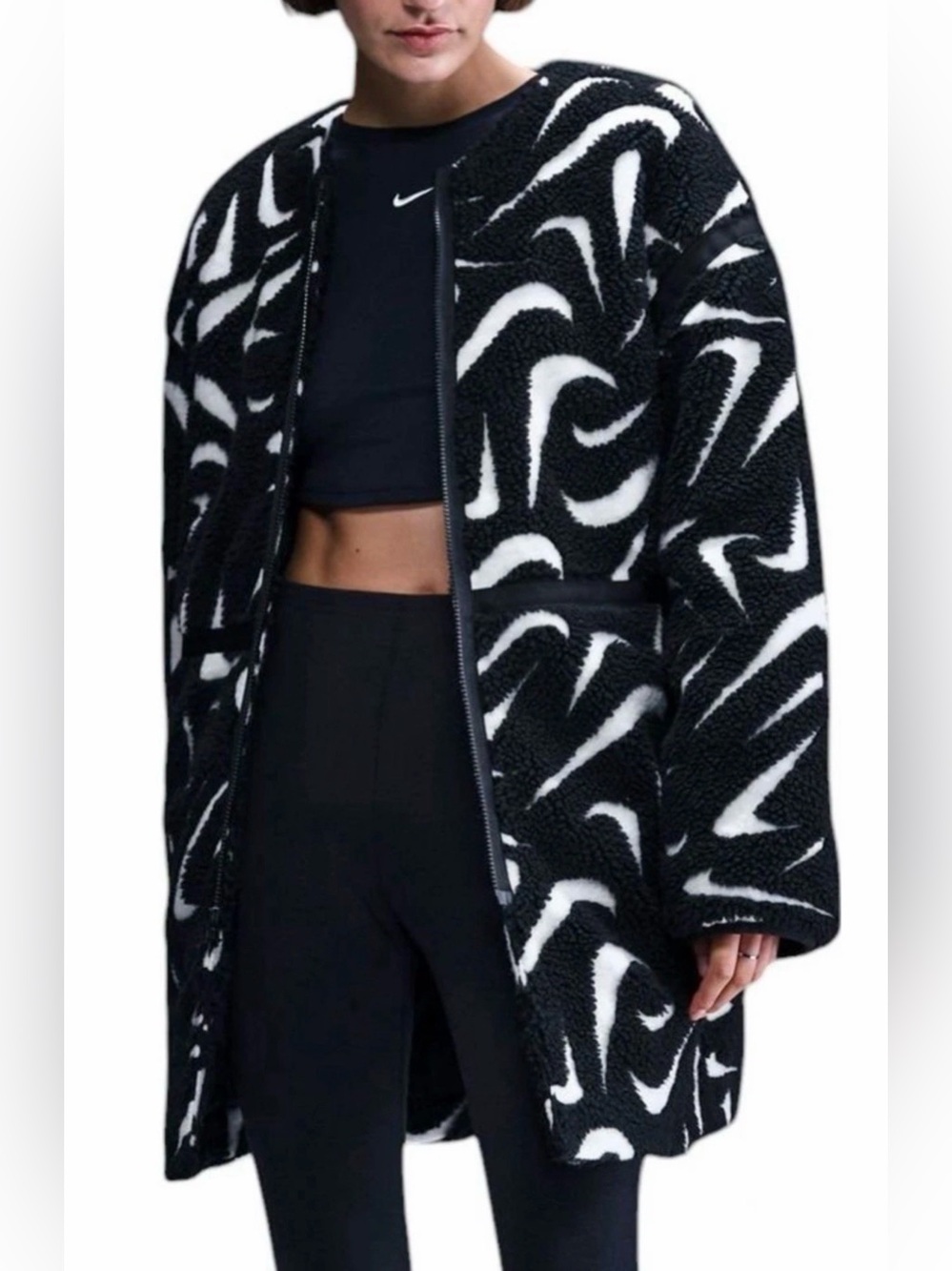 Nike Sportswear Loose High-Pile Jacket Black White 
Womens Sizes S